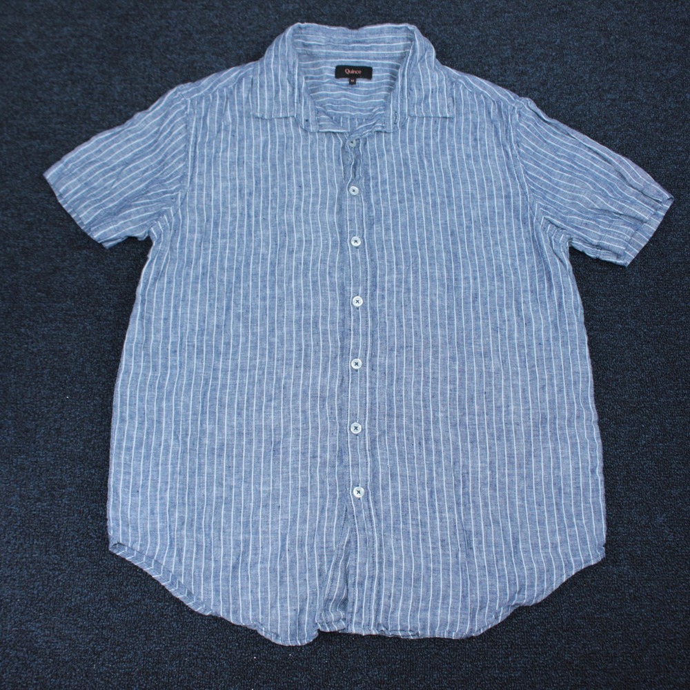 Quince 100% Linen Shirt Mens Chambray Blue White Stripe Short Sleeve Relaxed
